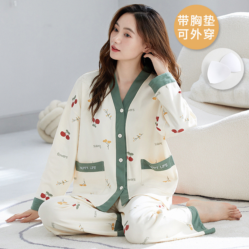 With Chest Pad for Spring and Autumn Outer Wearing Home Clothes One-Piece Free Bra Long-Sleeved Pants Two-Piece Pajamas Women's Suit