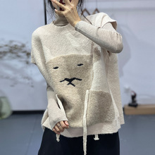 素凡卡冬季新款日系文艺甜美可爱卡通图案圆领上衣抽绳针织衫2556