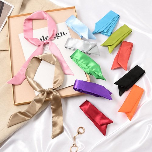 Pure Color Silk Scarf Hair Band for Women, Long Strip Small Collar Scarf, Wrapping Band, Handle Silk Ribbon Bag Strap, Scarf