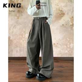 曼依拉老钱风宽松纸袋裤女天丝羊毛压褶阔腿裤垂坠早秋西装直筒裤