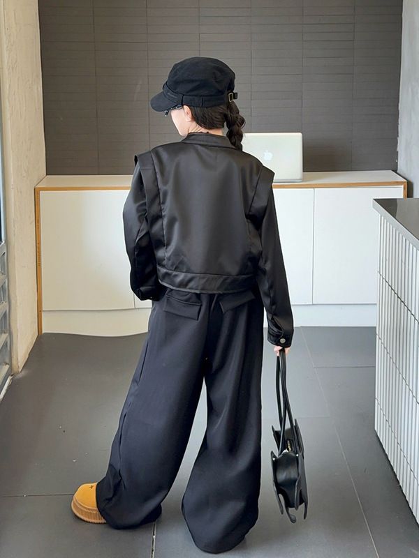 女童套装春秋款2025新款中大童短款夹克外套洋气复古西裤两件套潮|undefined