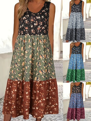 New European and American Women's Spring Digital Print Medium-Length Loose Casual Backless Dress