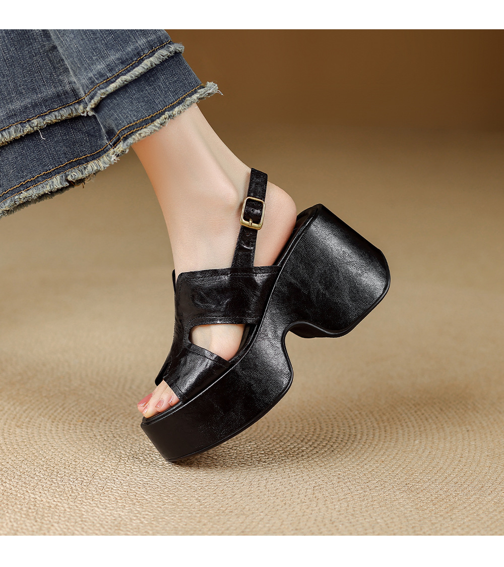 Sandal nữ da cừu mềm đế xuồng cao gót quai chéo hở mũi — màu đen, màu trắng ngà chi tiết 11