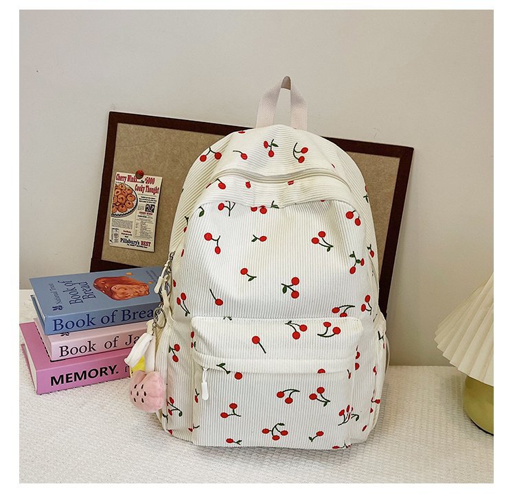1197g Weight Polyester Lining Material Zipper Closure Type Double Shoulder Straps Strap Type Casual, School, Daily Occasion Corduroy Material Back To School Festival School Backpack Backpack Cherry Pattern All Seasons Season Women's Gender Cute Style Shell Shape Cherry Casual School Daily School Backpack 34