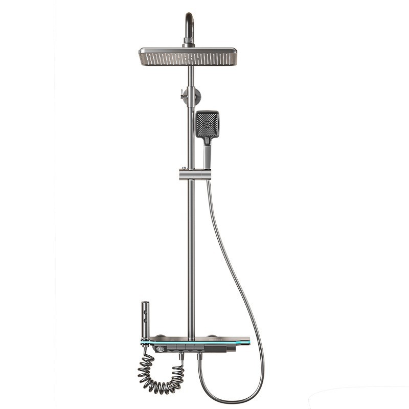 Pistola de chapa de agua gris pantalla digital luz de atmósfera conjunto de ducha teclas de piano cuatro velocidades de ducha presurizada conjunto de ducha