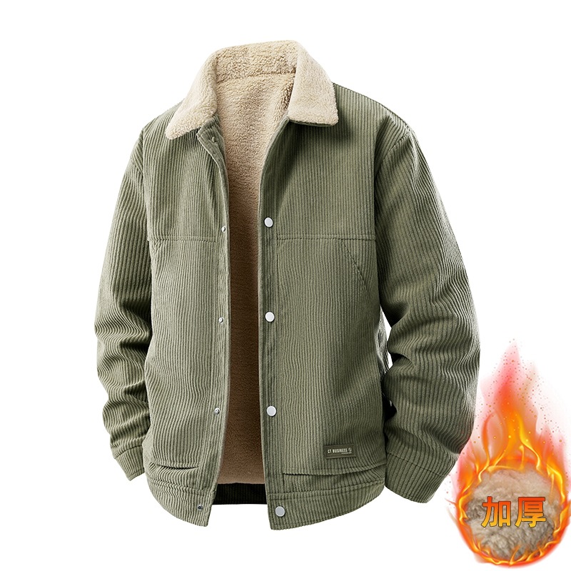 Men's corduroy lapel jacket, corduroy dad-style cotton coat, fleece-lined and thickened workwear cotton jacket, autumn and winter wear, constant temperature and warmth retention