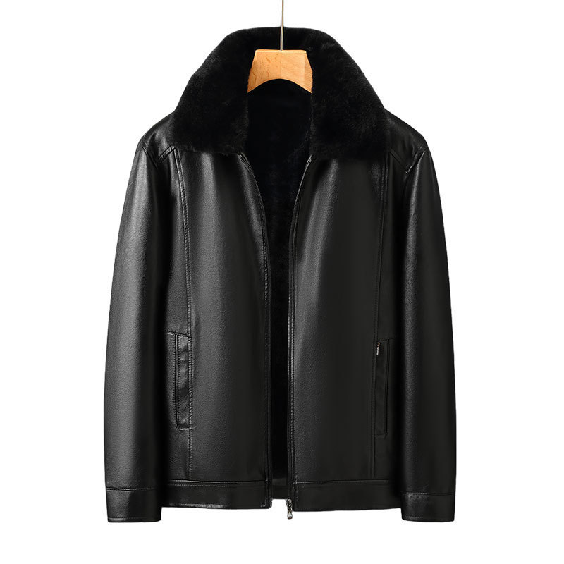 Middle-aged Dad Leather Men's Coat Fur Collar Zipper Winter fleece-lined Thickened New Leather Jacket Full Net Low Price