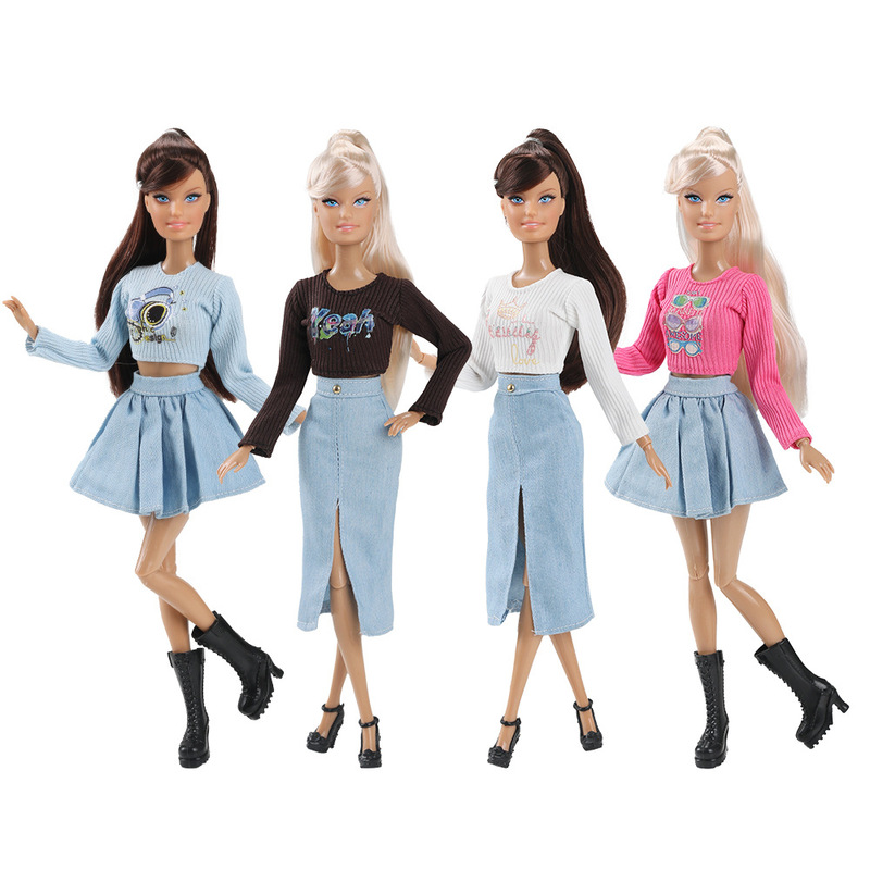 11inch European and American Fashion Long-Sleeved Denim Dress Barbie Doll Dress-Up Tight Skirt Shorts Top Set Now Available