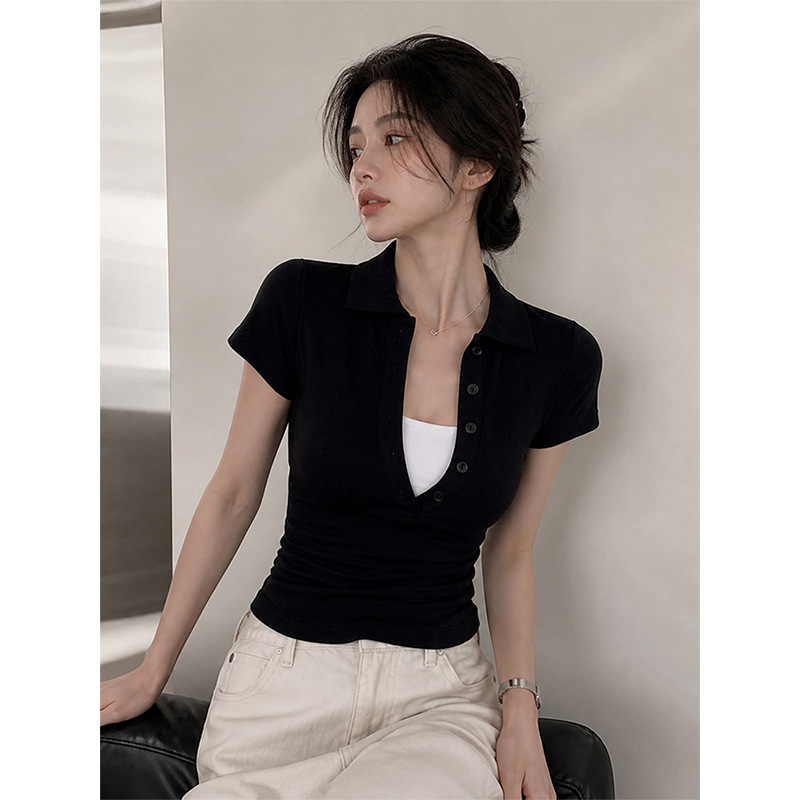 Black Fake Two-Piece Polo Collar T-Shirt for Women, Summer Slim Fit, Tight-Fitting, Regular Shoulder Short-Sleeve Top, 2026 New Model Black Fake Two-Piece Polo Collar T-Shirt for Women, Summer Slim Fit, Tight-Fitting, Regular Shoulder Short-Sleeve Top, 2026 New Model