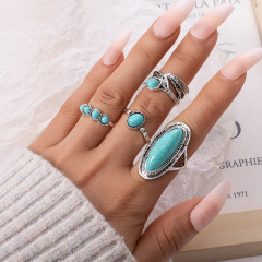 New Arrival Wholesale 4-Piece Bohemian Vintage European & American Style Ring Set Featuring Bold Green Turquoise and Elegant Feathers