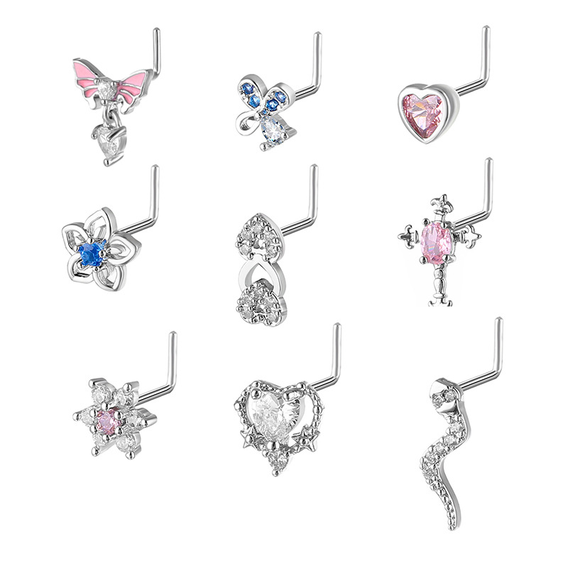 Amazon Hot Fashion Nose Nail L Rod Love Perforated Nose Jewelry Cross-border Europe and America 20G Body Piercing Jewelry