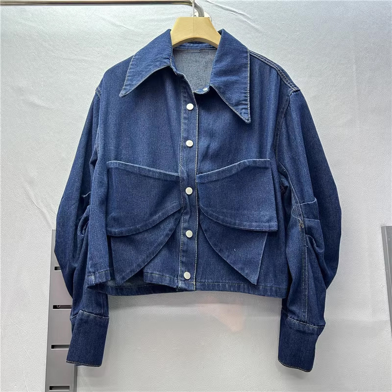 Camicia giacca in jeans da donna con fiocco e maniche lunghe_voghion.com