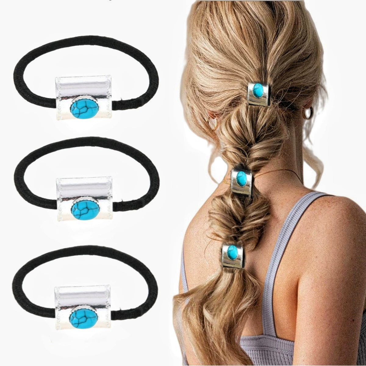 Резинка для волос в стиле бохо, высокоэластичная, из кожи, бирюзовая заколка для волос, женский аксессуар для волос, в художественном ретро-стиле