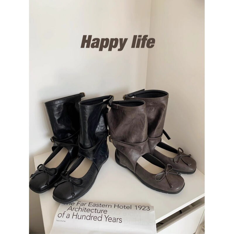 Sheepskin Version ~ Retro Bow Cut Out Ballet Boots Summer Belt Buckle Pile Sandals Women's Mid-Calf Pants Boots