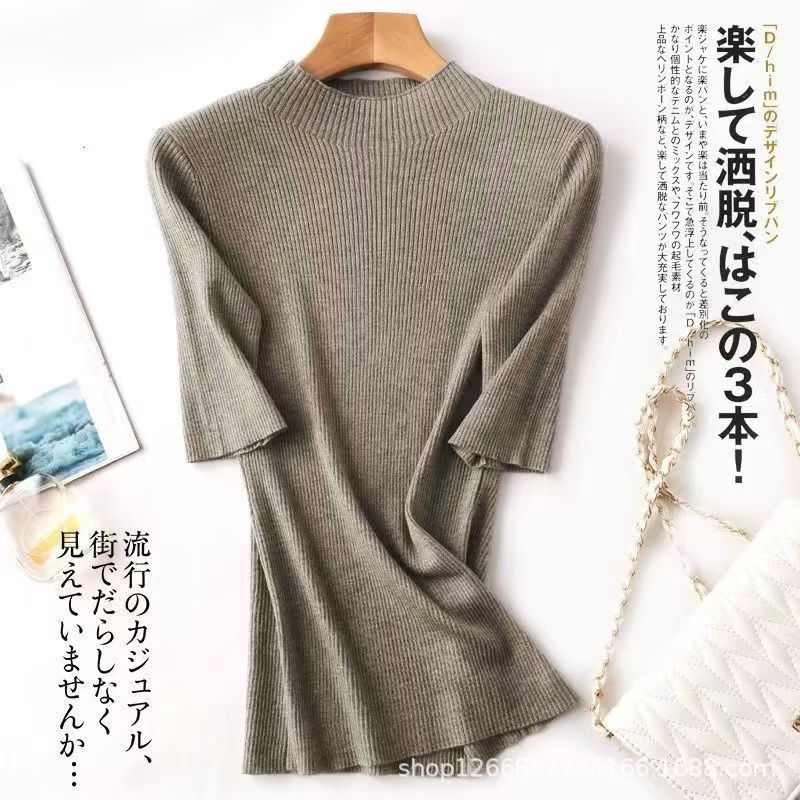 Plus-Size Half-Turtleneck New Style Five-Quarter Sleeve Women's Spring and Autumn Slim-Fit Thin Top Versatile Slimming T-Shirt Women's Base Shirt