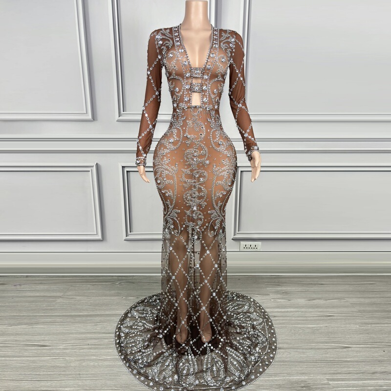 Elegant Fashion V Neck Casual Long Sleeve Tight Long Diamond Floor-Length Dress Evening Dress Elegant Fashion V Neck Casual Long Sleeve Tight Long Diamond Floor-Length Dress Evening Dress