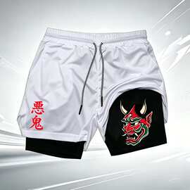 男子2合1跑步短裤Oni面具恶魔打印快干健身运动短裤压缩衬垫运动