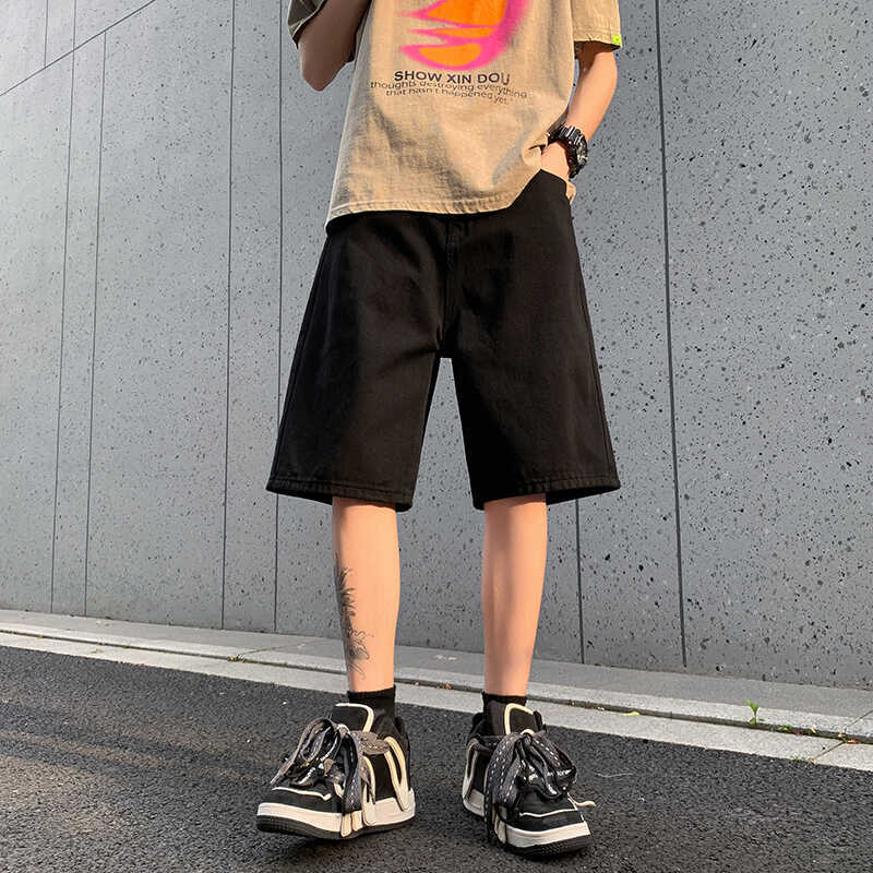 Pantaloncini di jeans casual estivi bianchi larghi 2024 nuovi pantaloni alla moda a cinque quarti con gamba dritta di media lunghezza per uomo_voghion.com