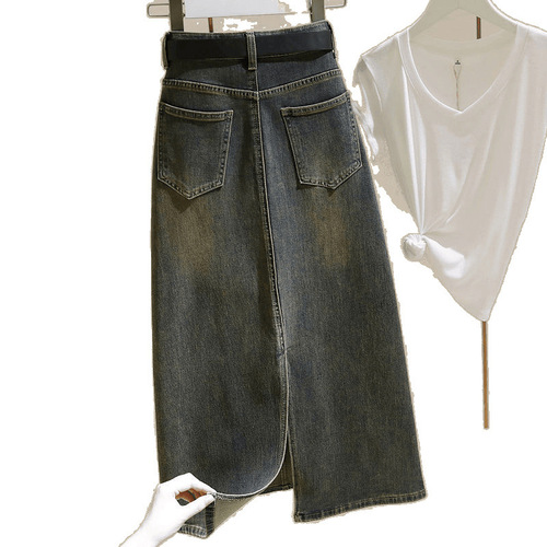 2025 Spring and Autumn Long Semi-Skirt for Women with High Waist Retro Loose Slimming Side Slit Worded Pencil Skirt