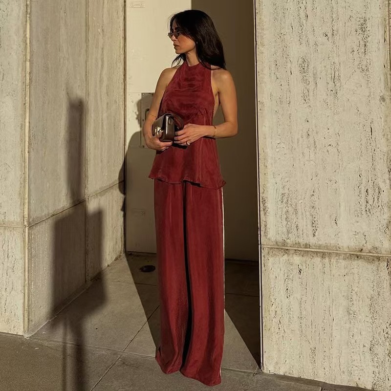 Nuevo estilo transfronterizo europeo y americano comercio exterior ropa de mujer sin mangas cuello redondo color sólido pantalones de pierna ancha temperamento pantalones de traje de moda de viaje image 7