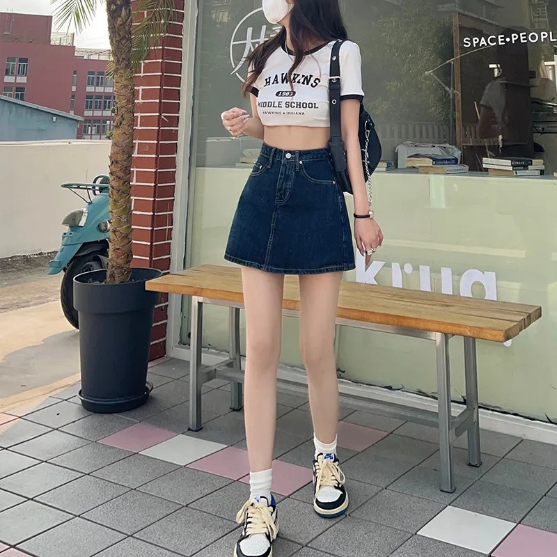 2025夏季深蓝色小个子半身裙女新款高腰显瘦a字包臀百搭牛仔短裙