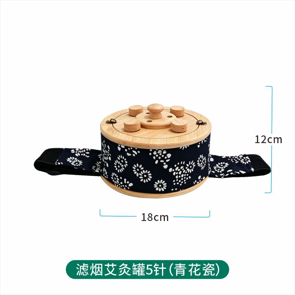 Smokeless Moxibustion Device Wooden Warm Moxa Burner for Waist and Abdomen with Blue White Porcelain Jar and Moxa Cones in use