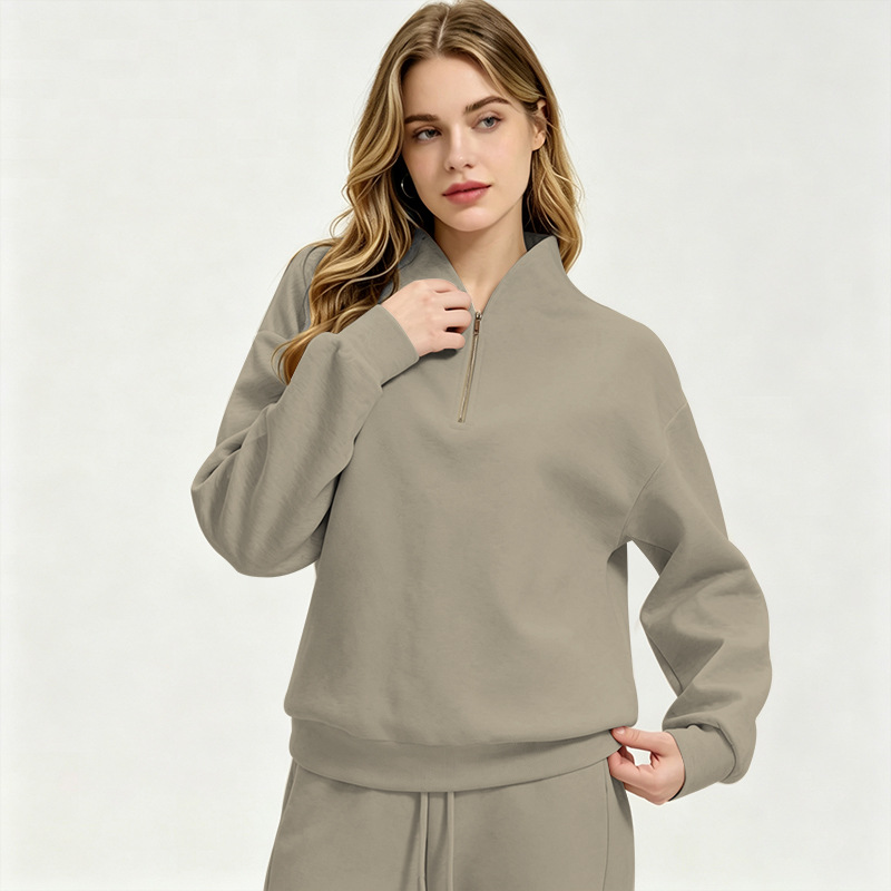 Women's Clothing Women's Fashionable Long Sleeved Sweatshirt Casual Trousers Set Style Autumn Half Open Collar Solid Color Loose Fit_ecoleips.com
