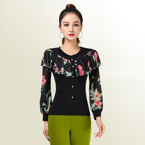 Latin dance clothes tops for women to practice ruffles, flowers, long sleeves, autumn and winter new dance clothes, adult modern dance
