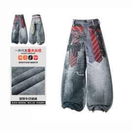 美式复古3D打印趣味领带印花阔腿牛仔裤男女宽松百搭长裤厂家直批