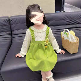 女童秋装洋气可爱波点裙2024新款中小童时髦拼接假两件中长连衣裙