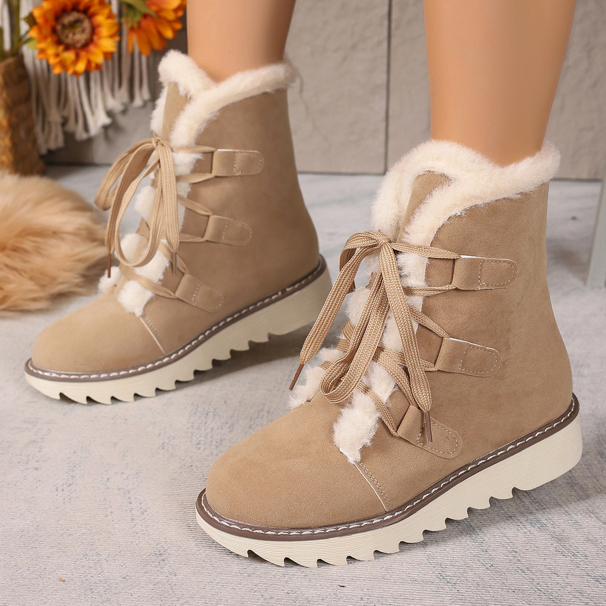 Big size snow boots women wear fashion big size lace-up flat and pile thickening_voghion.com