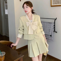 法式小香风小个子穿搭一整套女2025春新款蝴蝶结外套百褶裙两件套
