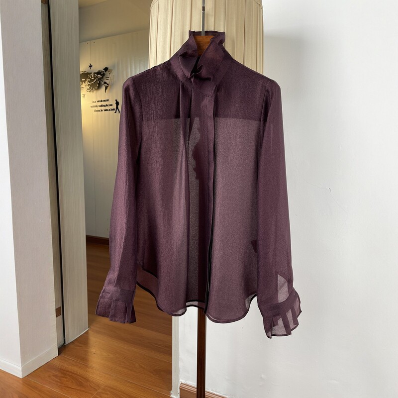 Commuter Simple Style High-Neck Pleated Ruffle Shirt for Women, Long-Sleeve Pullover, Elegant Top, Fashionable Slightly Sheer Sun Protection Shirt