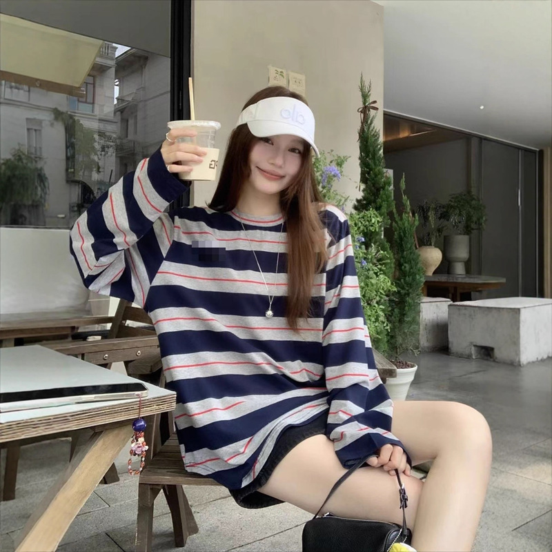 25早秋新款miu系穿搭字母徽标圆领条纹长袖T恤男女显瘦百搭上衣潮|undefined