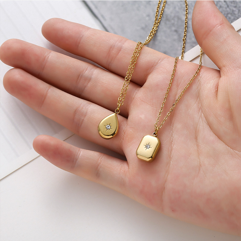 Simple Style Square Water Droplets Stainless Steel Plating Inlay Rhinestones Pendant Necklace 1 Piec