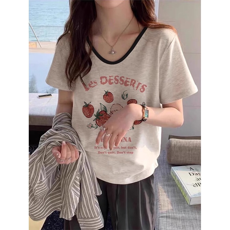 Right Shoulder V-Neck Printed Short-Sleeve T-Shirt 2026 Hot Style Summer Plus Size Slimming Top for Slightly Chubby Women A3702