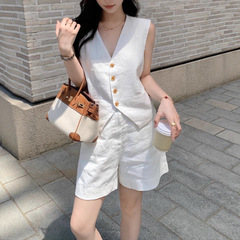オールドマネーリネンスーツ、リネンなし、夏なし、イミテーションリネン、オールドマネーリラックススーツ、ベスト、ショートパンツ、カジュアル2点セット