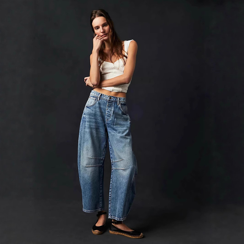 2025 European and American Cross-Border Temu Fashion Casual Women's Loose Wide-Leg Pants Mid-Low Waist Washed Denim Pants American Style