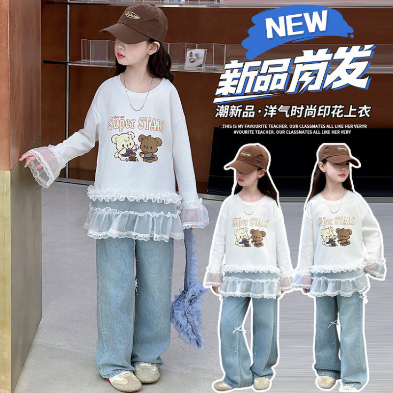 Zhili children's clothing girls' lace sleeve printed T-shirt 2026 spring/summer new short sleeve baby fake two-piece casual versatile