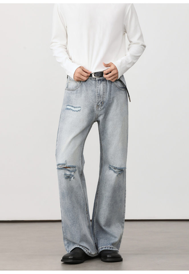Quần jean nam ống loe nhẹ rách gối phong cách retro, dáng rộng ống suông tôn dáng, quần dài casual — Xanh nhạt, Xanh đậm chi tiết 27