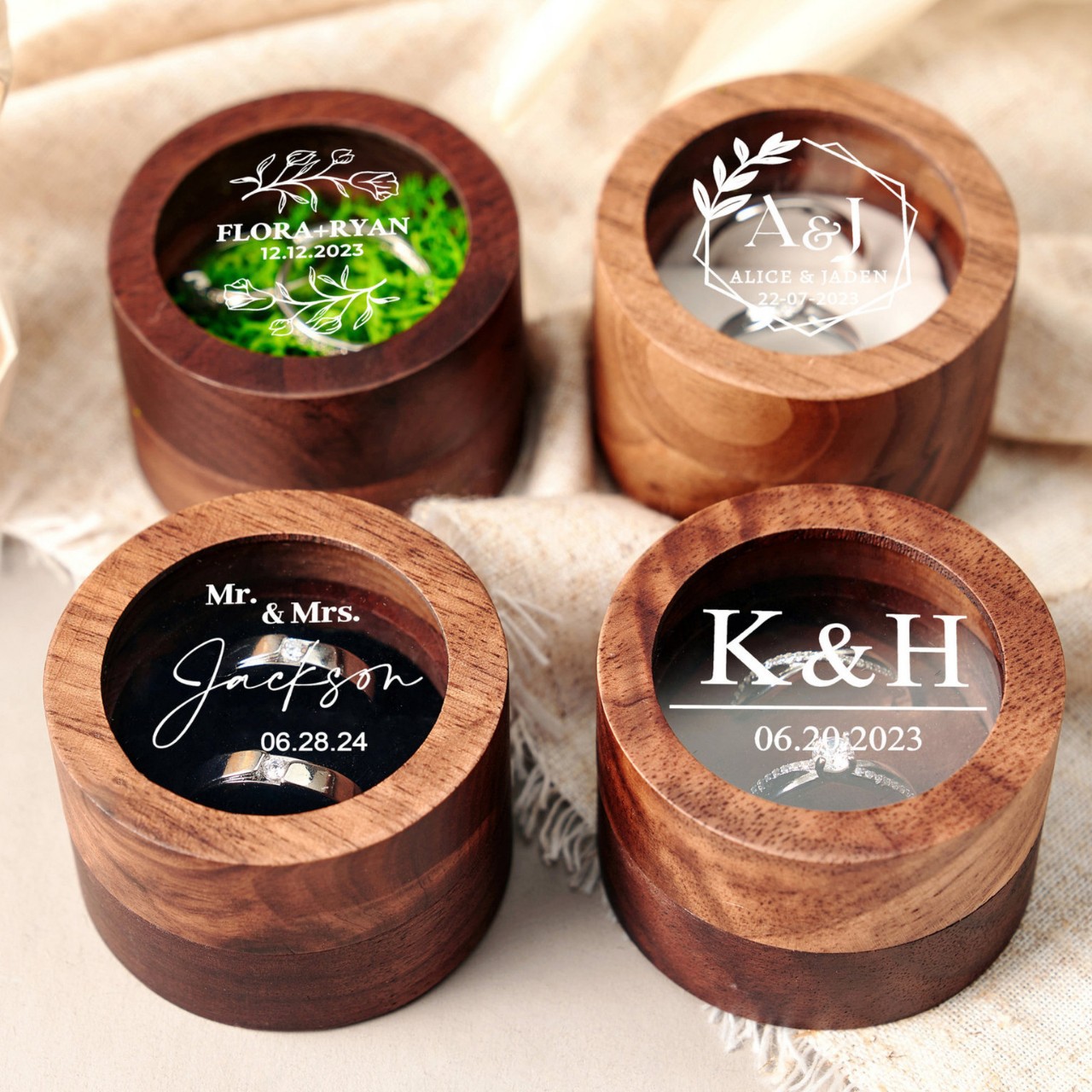 Pod Cross-Border Etsy Amazon Temu One Piece Customized Walnut Round Window Ring Jewelry Box 2 Rings