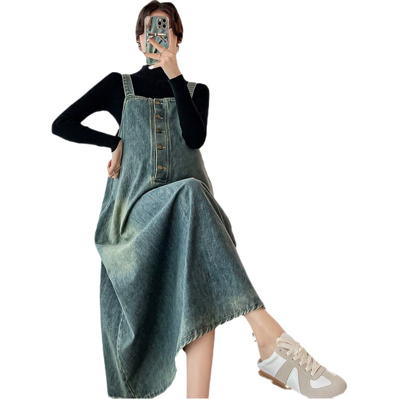 Платье для беременных Осеннее платье Японский милый уменьшающий возраст дизайн Sense Niche Топ средней длины Джинсовая юбка на бретелях Весенне-осенний костюм