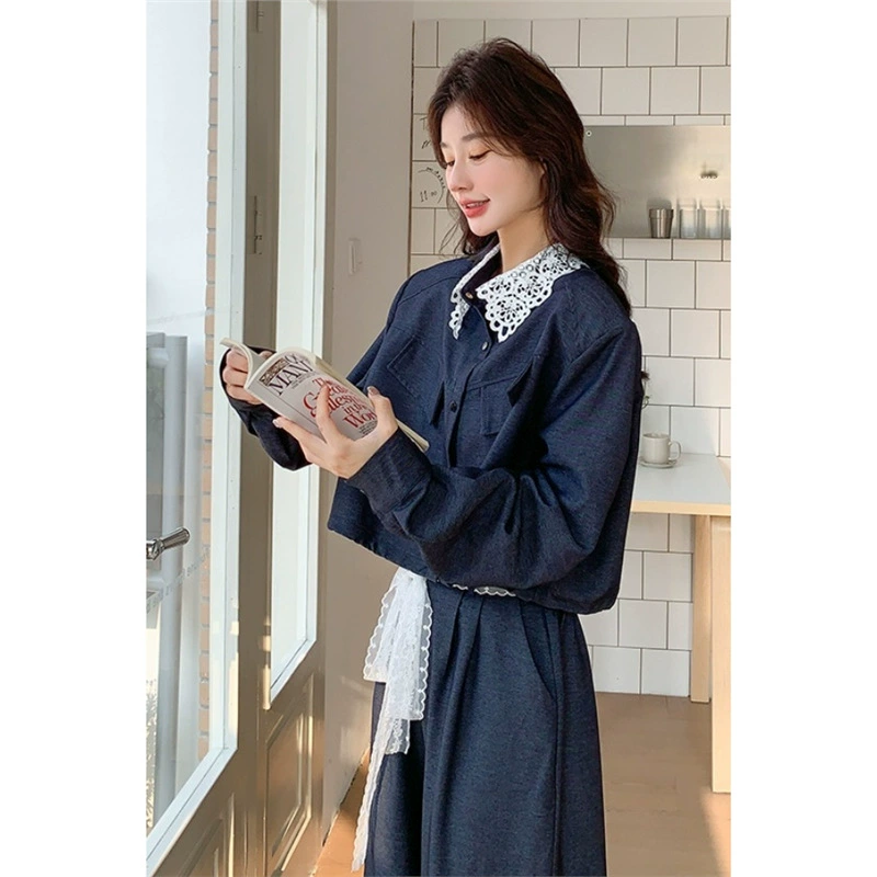 Весенний костюм 2025 года для женщин: элегантный топ и широкие брюки с высокой талией, французское кружевное пэчворк, размер petite