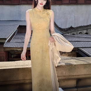 8903 # New Chinese Style Yellow Sleeveless Improved Cheongsam Women's Spring and Summer Jacquard Beautiful Dress