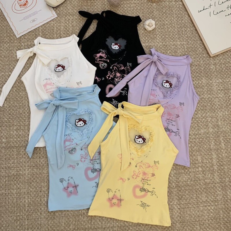 66016 # American-Style Printed One-Shoulder Vest with Neck Scarf T-Shirt for Women, Summer Sweet and Cool Style, Slim Fit, Short Design