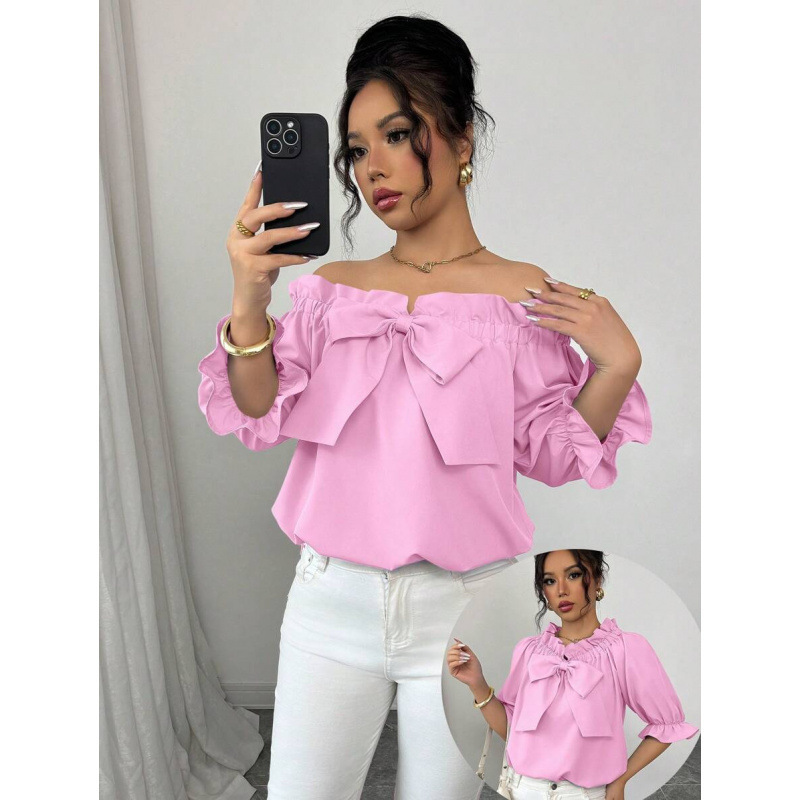 Cross-Border Amazon European and American 2026 Summer New Style Off-The-Shoulder Fashionable and Elegant Ruffled Bowknot Shirt Cross-Border Amazon European and American 2026 Summer New Style Off-The-Shoulder Fashionable and Elegant Ruffled Bowknot Shirt