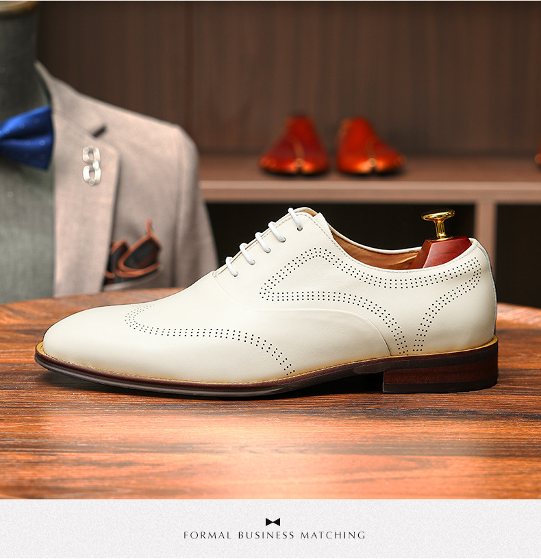 Britiske brogues udskårne herresko i ægte læder, hvide bryllupsbrudepigesko, bryllupsbrudgomssko, herresko i læder, afslappet business-stil_voghion.com