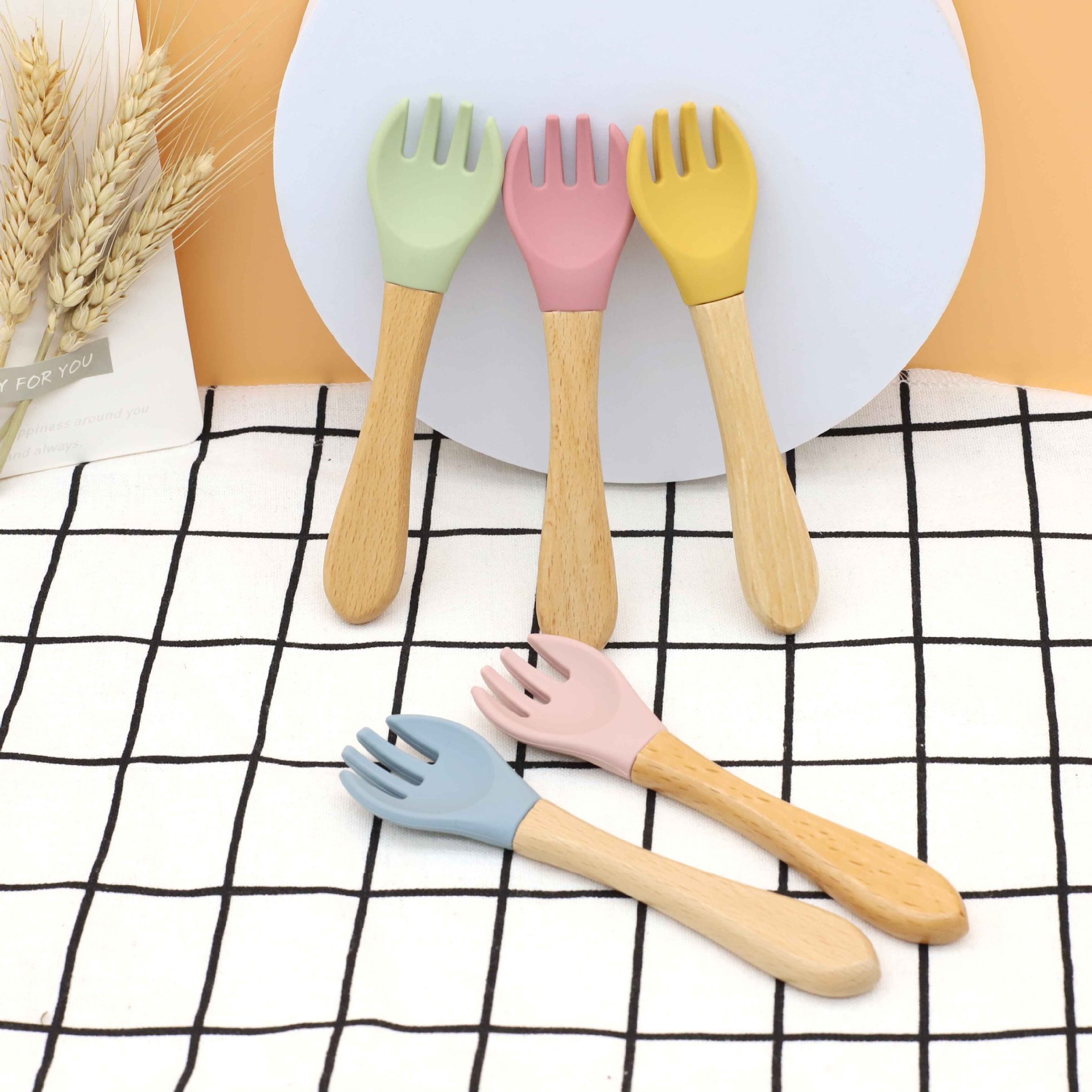 Bebé mango de madera tenedor cuchara traje de alimentación de los niños de madera mango tenedor cuchara conjunto cuchara de silicona tenedor bebé alimento suplemento tenedor cuchara traje image 6