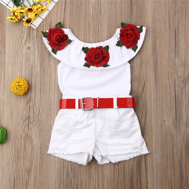 Mother & Kids Children's Clothing Wholesale Girls Summer Short-sleeved Floral Tops T-shirt Denim Shorts Belt Three-piece Set One Piece Drop Shipping_voghion.com