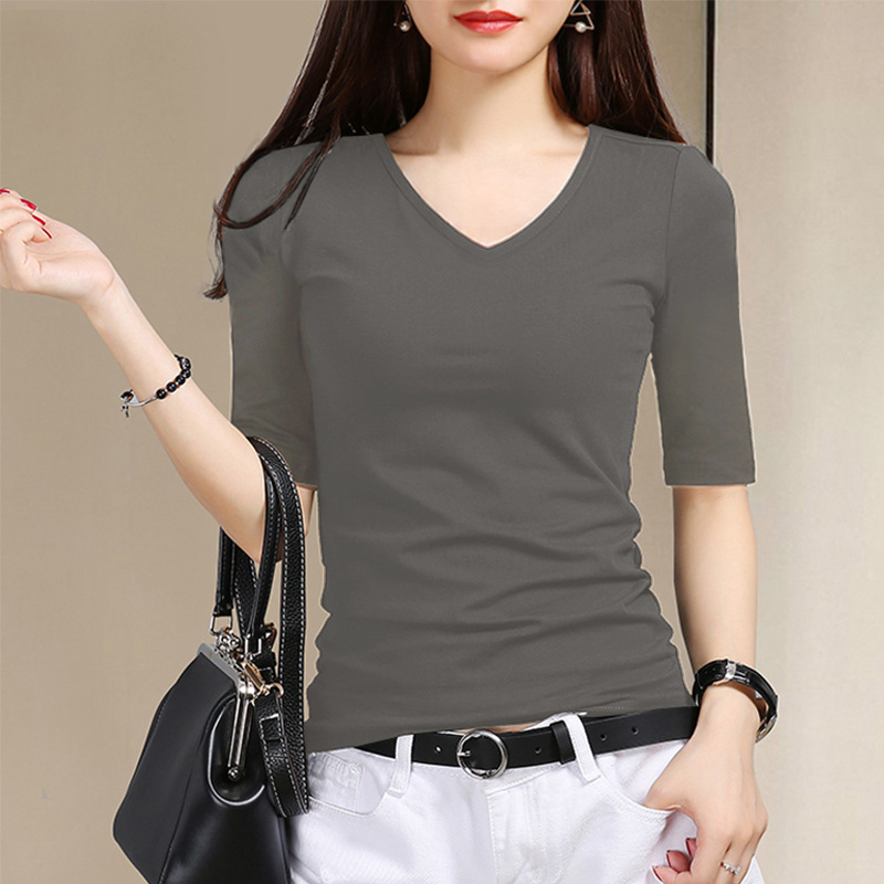 Ash Mid-Sleeve T-Shirt for Women 2025 New Pure Color Five-Quarter Sleeve V Neck Top Slim Black Bottoming Shirt for Spring & Fall